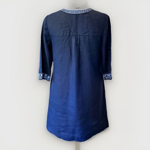 Chico's Embellished Linen Dress Dark Navy 3/4 Sleeves Knee Length Size 0 (US 4) - Picture 2 of 10